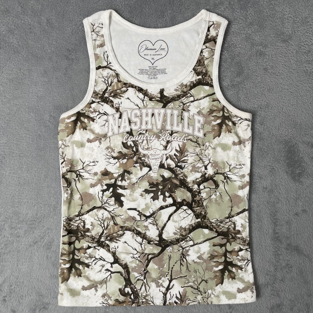 Obsessive Love Nashville Country Roads Camo Graphic‎ Tank Top XL White Green